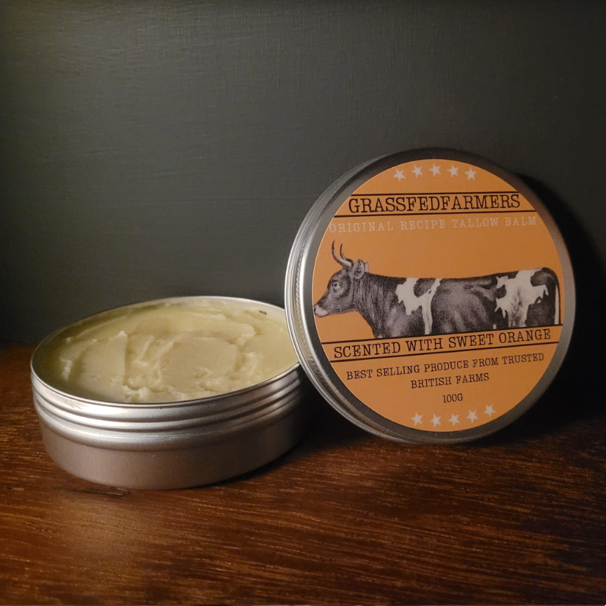 Original Recipe Tallow Balm | 100G - GrassFedFarmers - Sweet Orange - Effective relief for acne, eczema, psoriasis and more - Tallow Skincare - UK grass fed tallow balm for face and body.