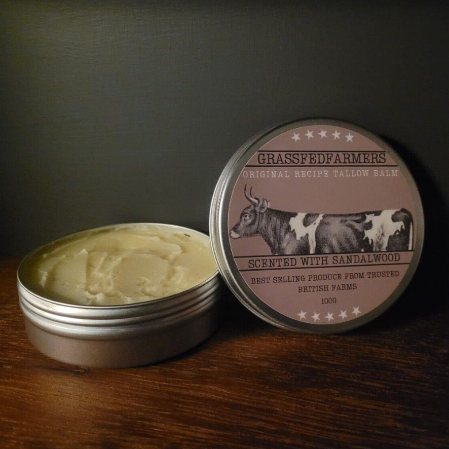 Original Recipe Tallow Balm | 100G - GrassFedFarmers - Sandalwood - Effective relief for acne, eczema, psoriasis and more - Tallow Skincare - UK grass fed tallow balm for face and body.